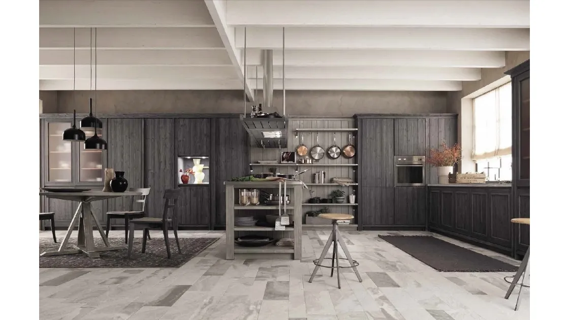 Cucina Moderna ad angolo con isola in legno finitura grafite con top in vera pietra Maestrale M02 di Scandola